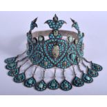 A LOVELY EARLY 20TH CENTURY INDIAN SILVER AND TURQUOISE TIARA HEAD DRESS decorated with gems. 260 gr