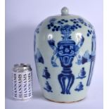 A LARGE 19TH CENTURY CHINESE BLUE AND WHITE CELADON VASE AND COVER Qing, painted with urns and flowe