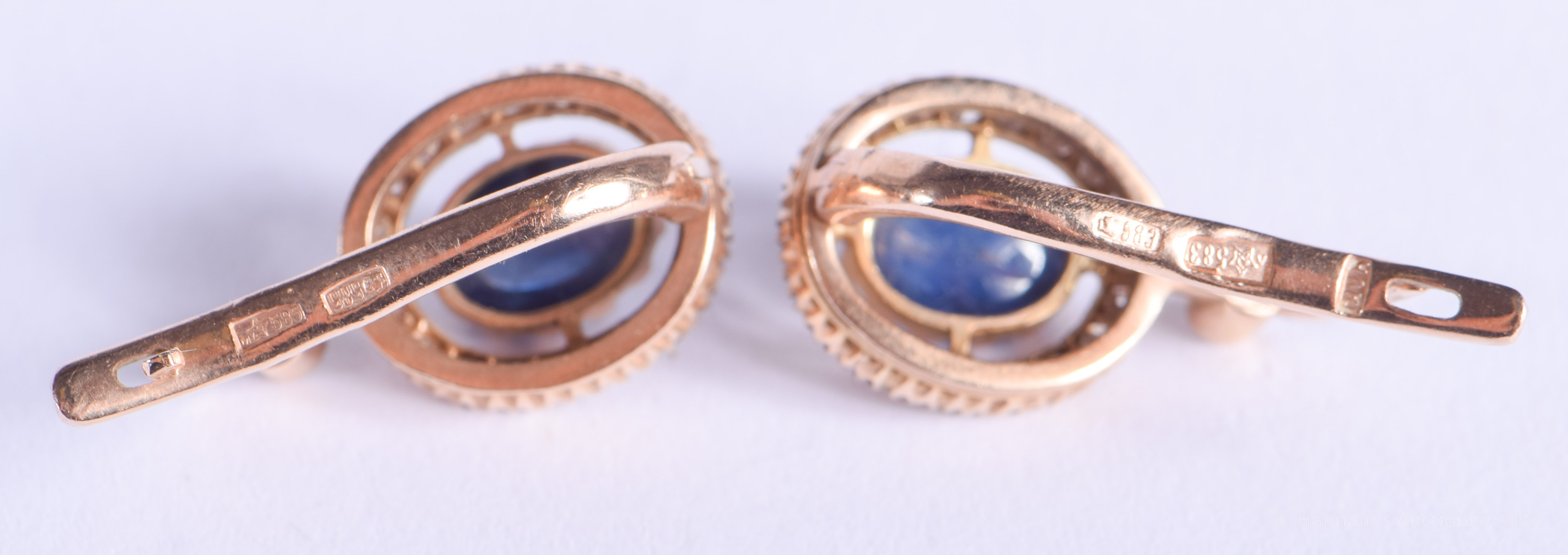 A PAIR OF 14CT GOLD DIAMOND AND SAPPHIRE EARRINGS. 6.2 grams. 1.8 cm long. - Image 2 of 3