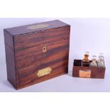 A RARE 19TH CENTURY ENGLISH MAHOGANY APOTHECARY TRAVELLING MEDICINE CHEST inset with bottles, togeth