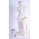 A RARE LARGE 19TH CENTURY PARIAN WARE FIGURE OF THE VENUS DE MILO modelled upon a shaped base. 56 cm