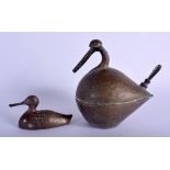 A VERY UNUSUAL 18TH/19TH CENTURY INDIAN HINDU BRASS BIRD together with another similar. Largest 15 c