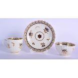 18th c. Caughley coffee cup, tea bowl and saucer decorated with blue and gilt flowers and a gilt and