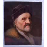 A FINE LARGE ANTIQUE KPM PORCELAIN PLAQUE painted with a bearded male wearing a felt hat. 41 cm x 33