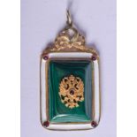 A CONTINENTAL SILVER MALACHITE RUBY AND ENAMEL PENDANT. 36 grams. 3.5 cm x 5.5 cm.