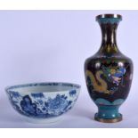 AN EARLY 20TH CENTURY CHINESE CLOISONNÉ ENAMEL VASE together with a Qianlong bowl. Vase 24 cm high.