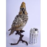A CONTEMPORARY COLD PAINTED BRONZE FIGURE OF A COCKATOO modelled upon a tree stump. 32 cm x 15 cm.