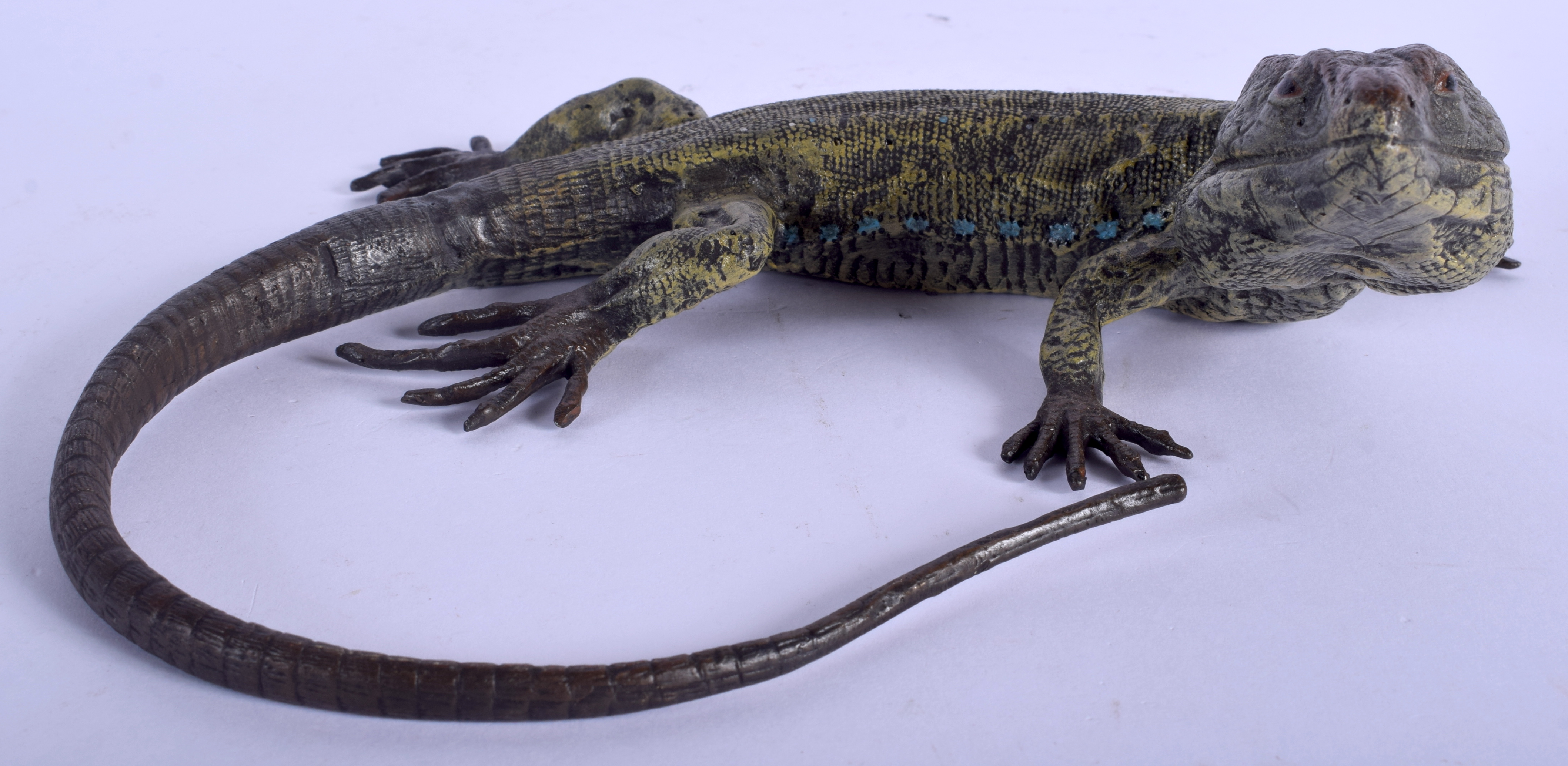 A CONTEMPORARY COLD PAINTED BRONZE FIGURE OF A LIZARD modelled with head upturned. 18 cm x 16 cm.