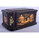 AN ANTIQUE BLACK LACQUERED CHINOISERIE CASKET decorated with fisherman within landscapes. 21 cm x 11