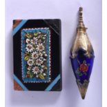 A 19TH CENTURY MICRO MOSAIC MARBLE PAPERWEIGHT and a scent bottle. Largest 7.5 cm wide. (2)