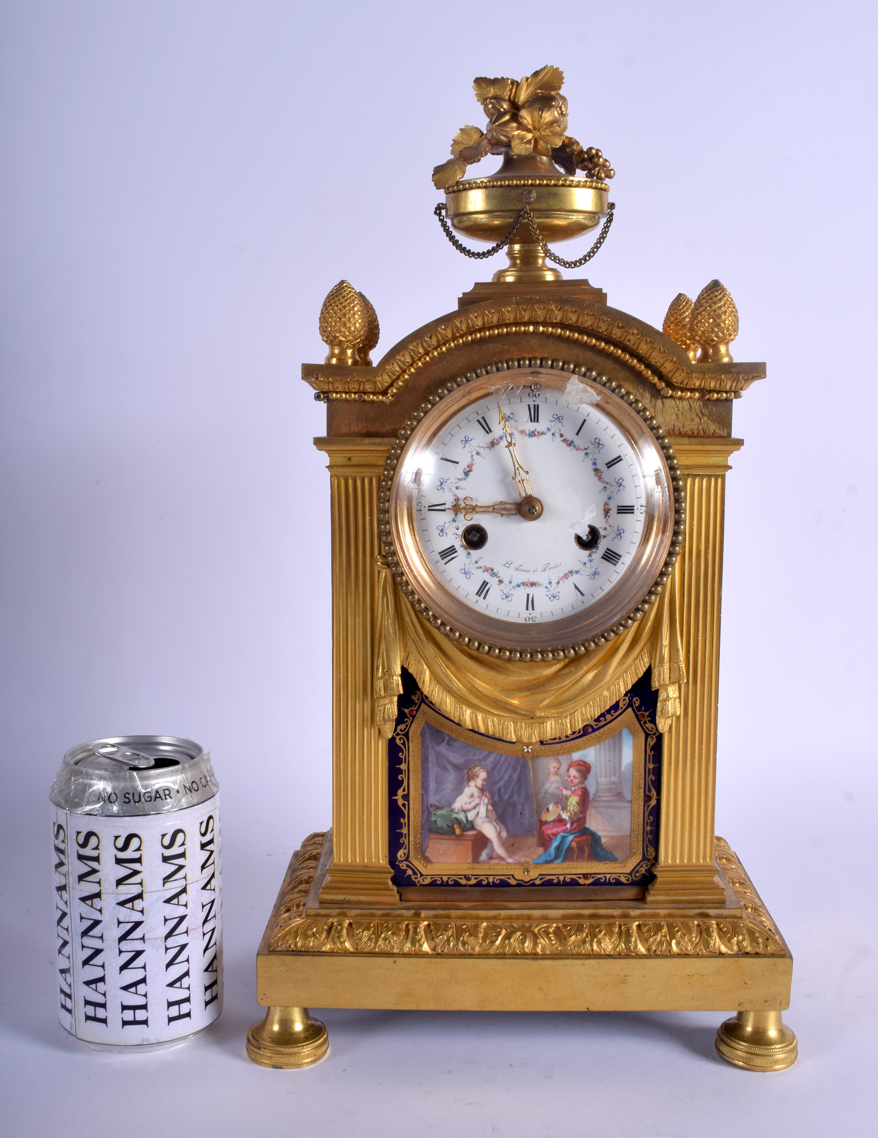 A LARGE 19TH CENTURY FRENCH SEVRES PORCELAIN AND ORMOLU MANTEL CLOCK painted with figures. 39 cm x 1