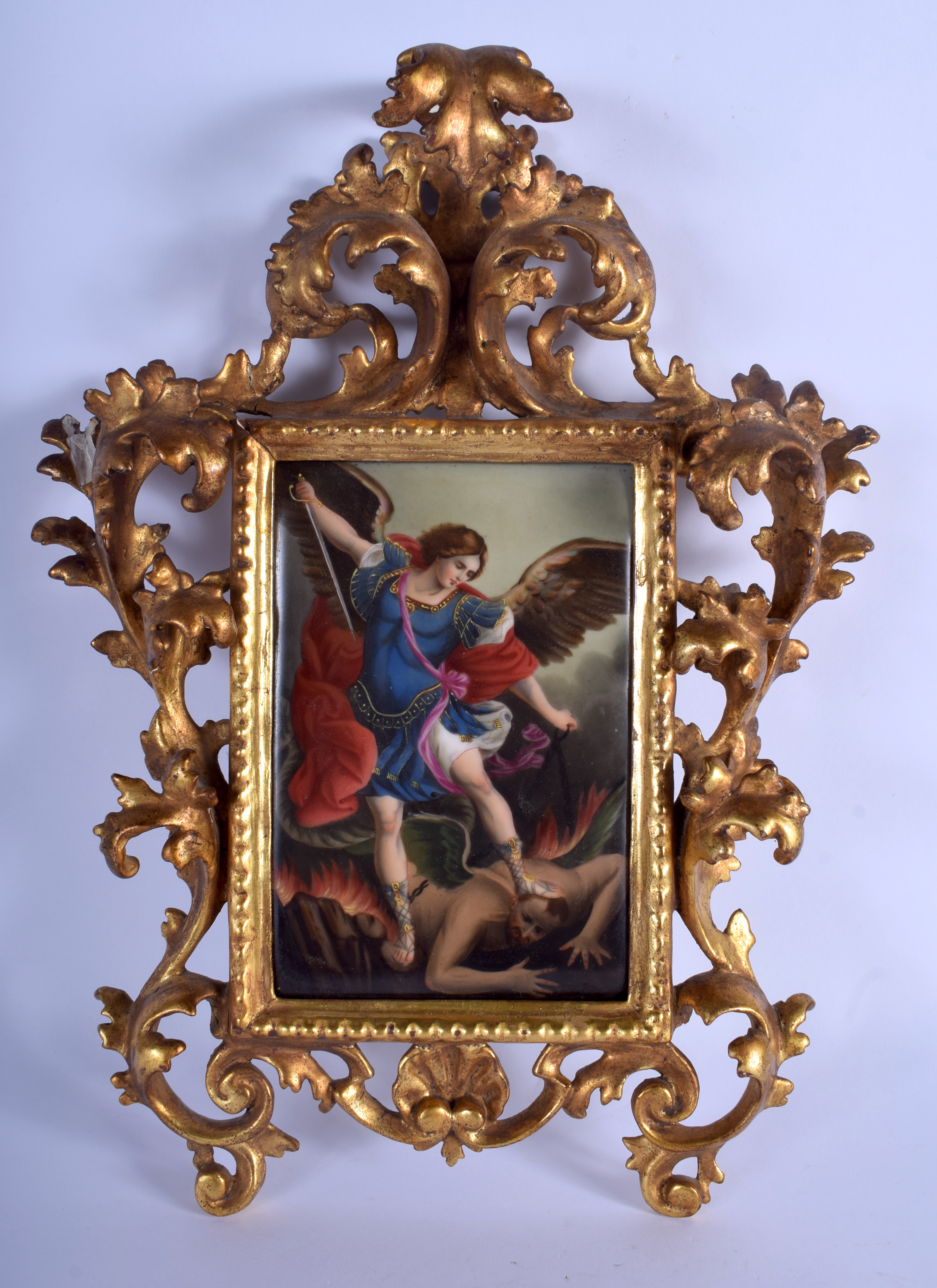 A RARE 19TH CENTURY GERMAN PORCELAIN PLAQUE painted with figure standing upon a male amongst flames.