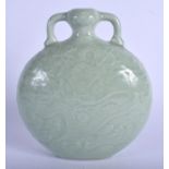 A CHINESE TWIN HANDLED CELADON MOON PILGRIM FLASK 20th Century, bearing Qianlong marks to base, deco