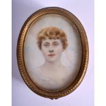AN EARLY 20TH CENTURY FRENCH BRASS IVORY INSET BOX painted with a female. 7 cm x 9 cm.