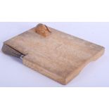 A ROBERT THOMPSON MOUSEMAN BREAD BOARD with knife. 22 cm x 16 cm.