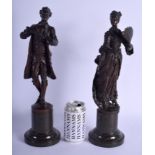 A LARGE PAIR OF 19TH CENTURY EUROPEAN BRONZES depicting a dandy and female upon a marble plinth. 39