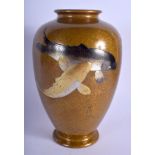 A LOVELY 19TH CENTURY JAPANESE MEIJI PERIOD BRONZE GOLD SPLASH VASE decorated with silver carp. 24.5
