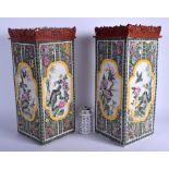 A LARGE PAIR OF CHINESE FAMILLE VERTE SQUARE FORM VASES 20th Century, painted with flowers and birds