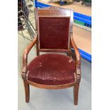 A 19TH CENTURY FRENCH RED VELVET UPHOLSTERED CHAIR with fish supports. 96 cm x 60 cm.