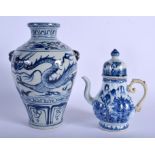 A CHINESE BLUE AND WHITE DRAGON VASE 20th Century, and a jug & cover. Largest 25 cm high. (2)