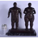 A LARGE CONTEMPORARY BRONZE FIGURE OF A MALE AND FEMALE of plump proportions. 37 cm x 29 cm.