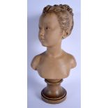 AN ART DECO FRENCH TERRACOTTA BUST OF A GIRL modelled upon circular bases. 44 cm x 15 cm.