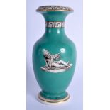 A RARE EARLY 19TH CENTURY ENGLISH PRATT WARE VASE decorated with figures on a rich green ground. 16