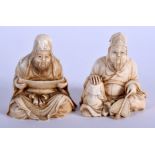 A PAIR OF 19TH CENTURY JAPANESE MEIJI PERIOD CARVED IVORY OKIMONO modelled as seated male scholars.