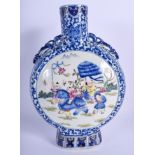 A CHINESE TWIN HANDLED PORCELAIN PILGRIM MOON FLASK 20th Century, enamelled with figures within land