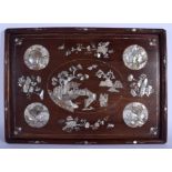 A 19TH CENTURY CHINESE CARVED HONGMU MOTHER OF PEARL INLAID TRAY Qing, decorated with foliage and vi