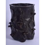 A 19TH CENTURY JAPANESE MEIJI PERIOD BRONZE BRUSH POT decorated with rising lingzhi fungus 12.5 cm x