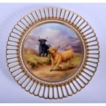 Late 19th /20th c. Cauldon pierced plate painted with two highland cattle by D. Birbeck, signed, mar
