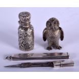 A RARE ENGLISH SILVER OWL PEPPER POT together with two 1920s Birmingham silver items. 76 grams. (3)