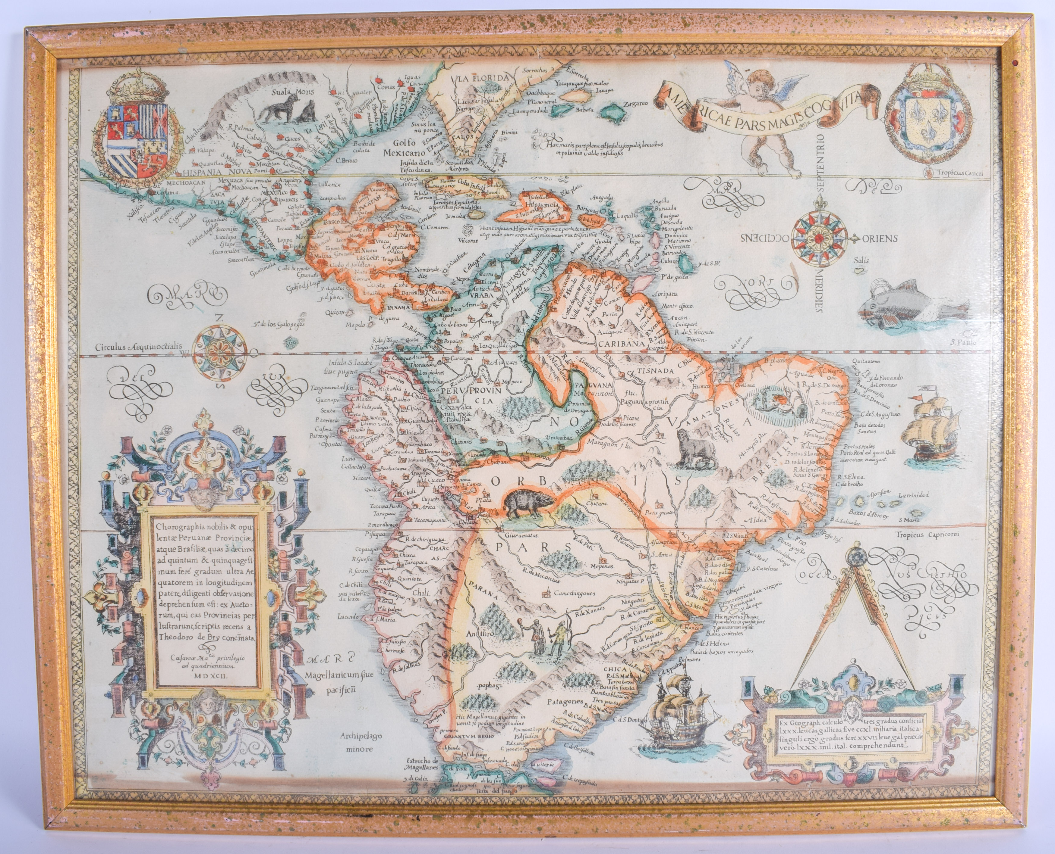 AN EARLY CONTINENTAL MAP OF SOUTH AMERICA depicting the voyages of Johann Van Stadden & Jean de Lery