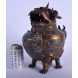 A 19TH CENTURY JAPANESE MEIJI PERIOD CHAMPLEVÉ ENAMEL BRONZE CENSER modelled as a Buddhistic lion. 3