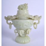 A LARGE EARLY 20TH CENTURY CHINESE TWIN HANDLED JADE CENSER AND COVER Late Qing/Republic. 22 cm x 17