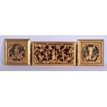 THREE 19TH CENTURY CHINESE CARVED AND PAINTED GILTWOOD PANELS Qing. Largest 40 cm x 23 cm. (3)