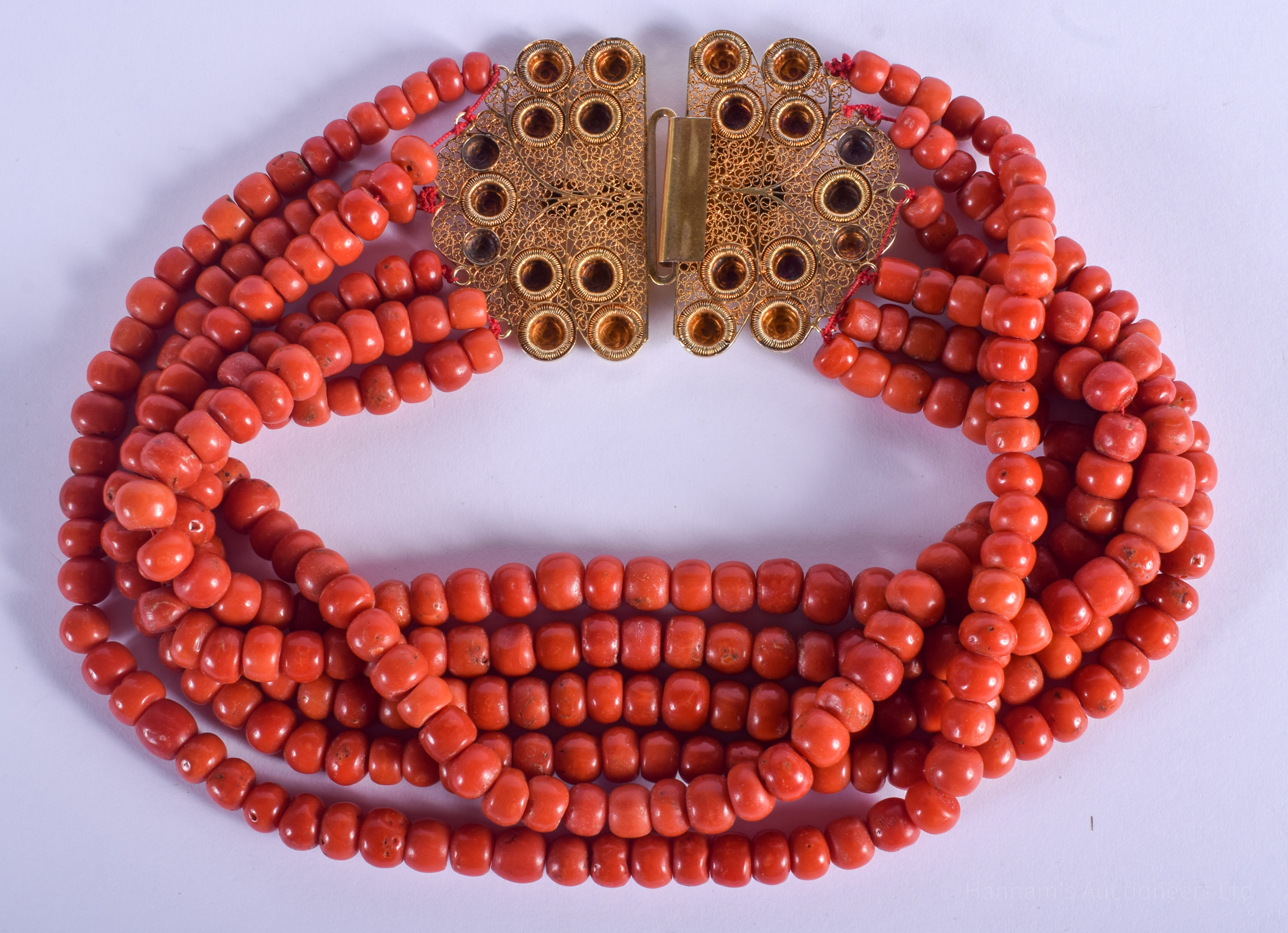 A LARGE 18CT GOLD RED CORAL NECKLACE. 310 grams. 40 cm wide. - Image 2 of 3
