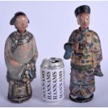 A RARE PAIR OF 18TH CENTURY CHINESE NODDING CLAY FIGURES European Market, painted with dragons and f