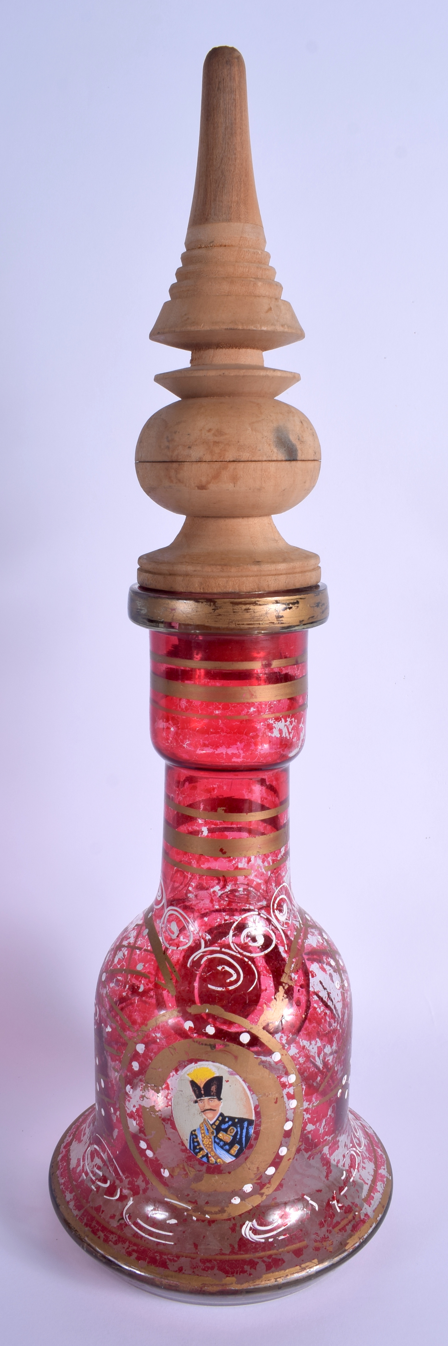 AN ANTIQUE MIDDLE EASTERN PERSIAN RUBY GLASS HOOKAH PIPE BASE decorated with portraits. 47 cm high o - Image 2 of 3