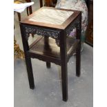 A 19TH CENTURY CHINESE HARDWOOD MARBLE INSET TABLE. 77 cm x 41 cm.