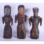 A SET OF THREE 19TH CENTURY BELGIAN FOLK ART DOLLS with painted feature and moving arms. 30 cm high.