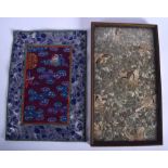 A 19TH CENTURY CHINESE FRAMED SILK WORK EMBROIDERED PANEL and another silk panel. Largest 30 cm x 15