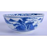 A 19TH CENTURY CHINESE BLUE AND WHITE PORCELAIN BOWL bearing Kangxi marks to base, painted with land