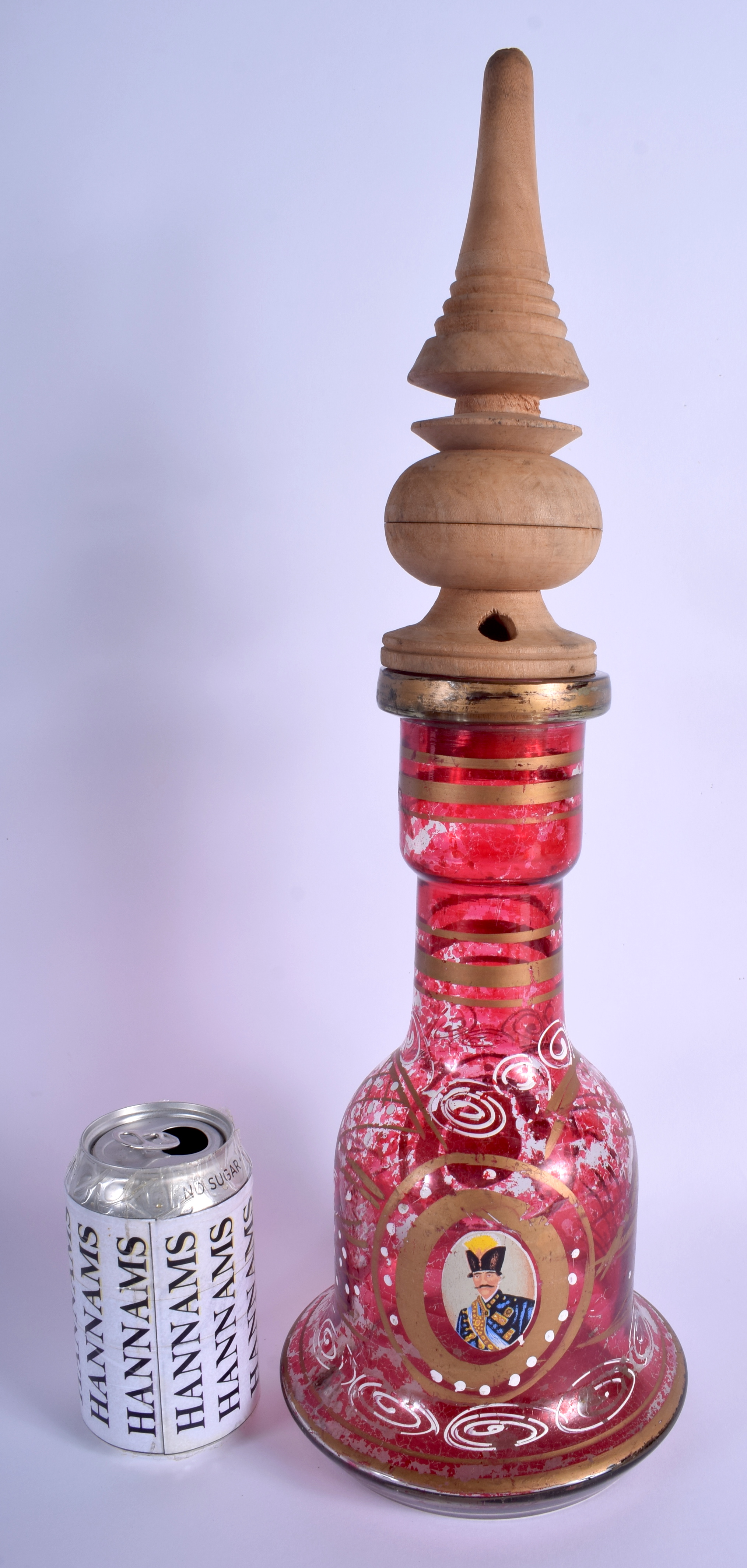 AN ANTIQUE MIDDLE EASTERN PERSIAN RUBY GLASS HOOKAH PIPE BASE decorated with portraits. 47 cm high o