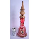 AN ANTIQUE MIDDLE EASTERN PERSIAN RUBY GLASS HOOKAH PIPE BASE decorated with portraits. 47 cm high o
