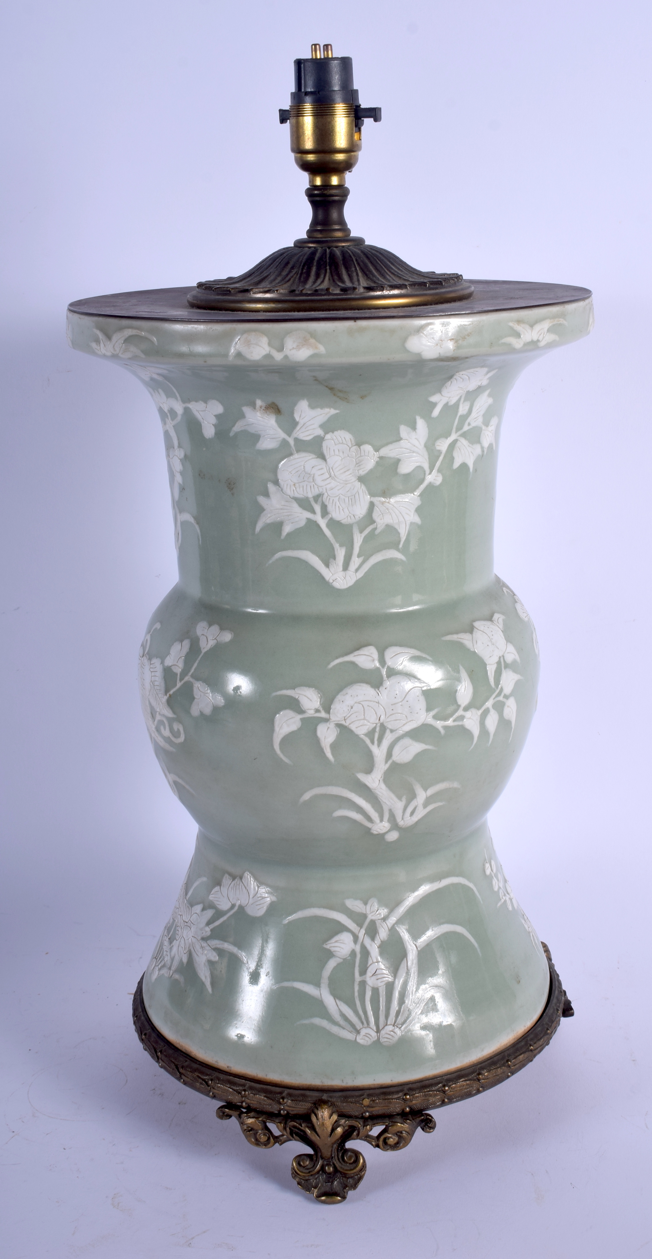 A LARGE 18TH/19TH CENTURY CHINESE CELADON YEN YEN VASE Qing, converted to a lamp, painted with flowe - Image 2 of 2