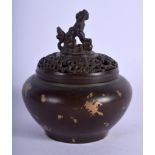 A CHINESE GOLD SPLASH BRONZE CENSER AND COVER 20th Century, with Buddhistic lion finial. 11 cm x 8 c