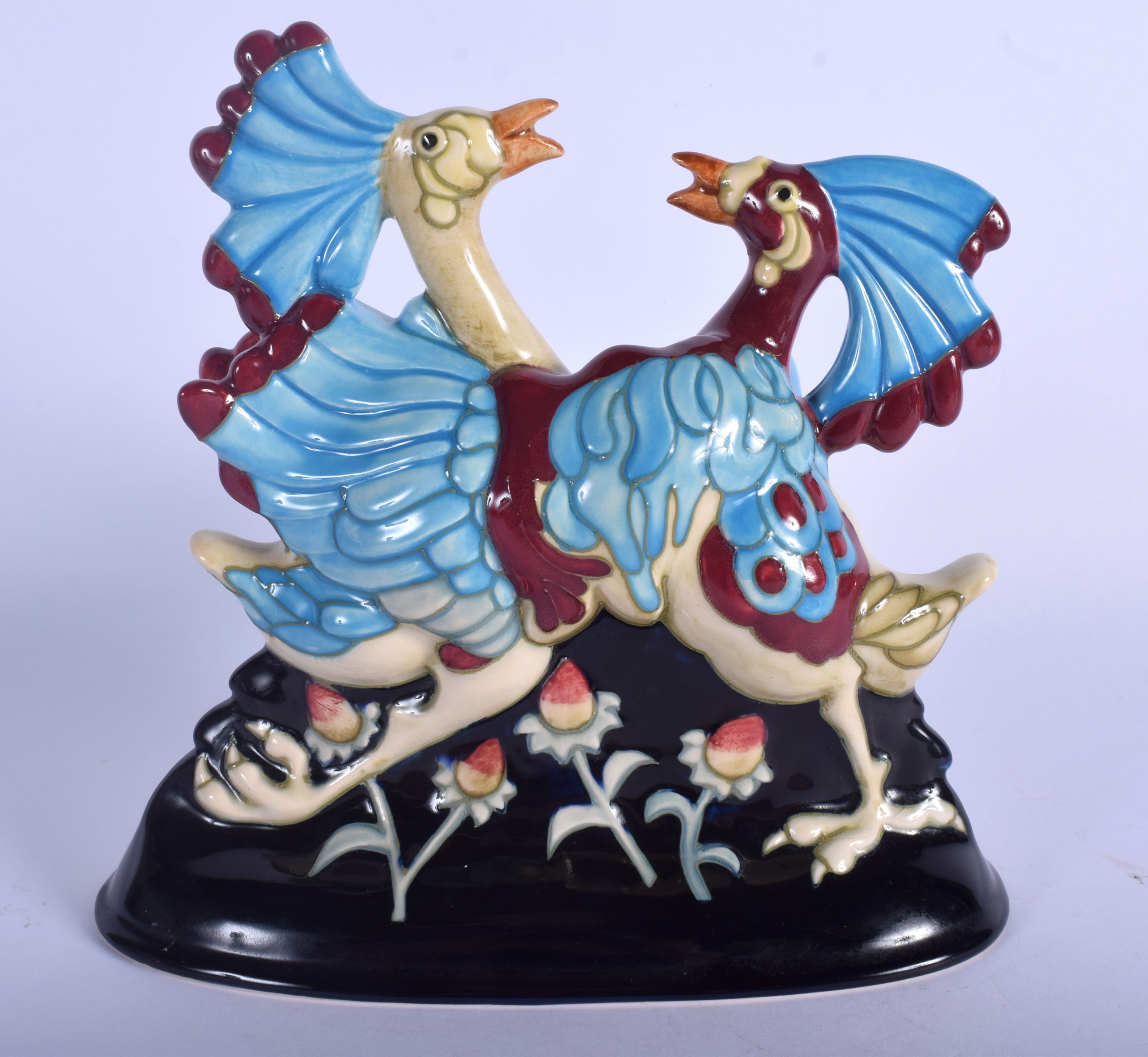 AN UNUSUAL MOORCROFT COCK FIGHTING GROUP No 15 of 75. 20 cm x 13 cm. - Image 2 of 3