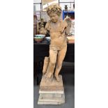 A LOVELY 18TH CENTURY SOUTHERN EUROPEAN TERRACOTTA FIGURE OF PUTTI modelled upon a stone plinth. Put